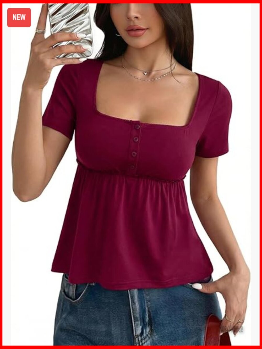 Babydoll Peplum Blouse Square Neck Short Sleeve Flowy Y2K Top